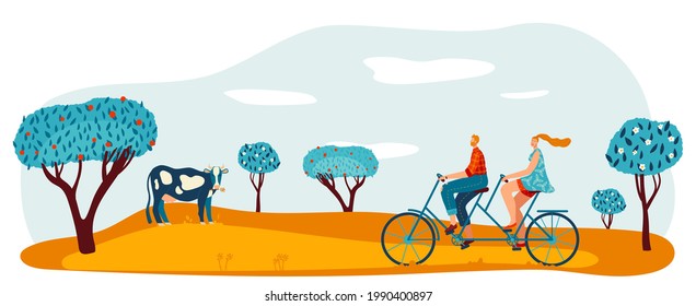 Bike ride at garden park, vector illustration, man woman couple character at tandem bicycle walk, healthy lifestyle at outdoor field.