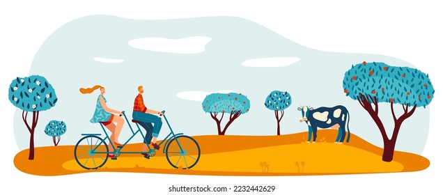 Bike ride at garden park, vector illustration, man woman couple character at tandem bicycle outdoor farm walk, healthy lifestyle at outdoor field.