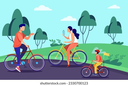 Bike ride with happy family vector illustration. Parents and son cycling on bike path in park, spending time together outdoors. Family reunion, quality time, sport concept