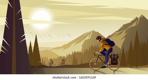 A bike ride trip with friends in the mountains on a warm summer evening. Flat graphic Vector illustration. 