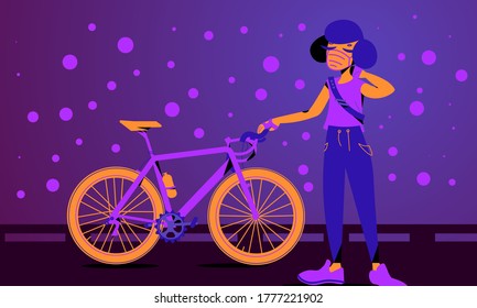 Bike Rider In Face Mask Takes A Break From Long Way And Rubs Neck. Gender Neutral Character In Flat Design Illustration, Cartoon Style And Colorful Art. Person Near The Bicycle At Night.