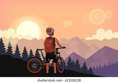 Bike rider on top of the mountain with forest on the hills is watching sunset. Vector illustration poster