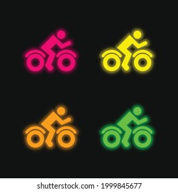 Bike Rider Side View four color glowing neon vector icon
