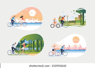 Bike riders illustration collection. People riding bicycles outdoors, in park, city, along riverside. Activity concept. Vector illustration for posters, banners, flyers