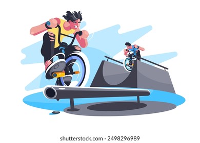 Bike Riders Practicando, realizando acrobacias en un skatepark. Ilustración vectorial que muestra deportes extremos, trucos y energía juvenil.