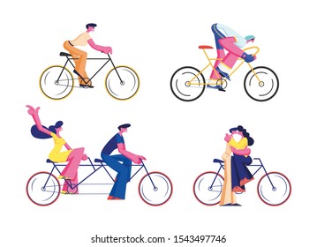 Bike Riders Set Isolated on White Background. Cyclist Sportsman in Sportswear Racing, People Driving Tandem Bicycle, Couple Kissing on Cycle. Eco Transport. Cartoon Flat Vector Illustration, Clip Art