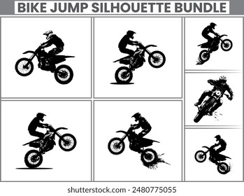 Bike riders in silhouette set are participating in a motocross championship, jumping and racing their motocross bikes man silhouette buldle