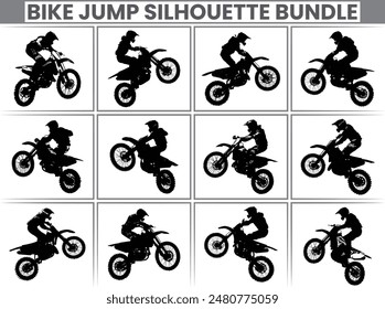 Bike riders in silhouette set are participating in a motocross championship, jumping and racing their motocross bikes man silhouette buldle