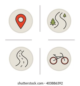 Bike riding color icons set. Map pinpoint, forest road, highway and city bicycle. Vector isolated illustrations