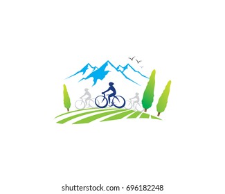 bike riding sport with mountainous village view logo