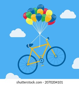 Bike rising with balloons. Bike hanging from helium balloons, floating and soaring in the sky.