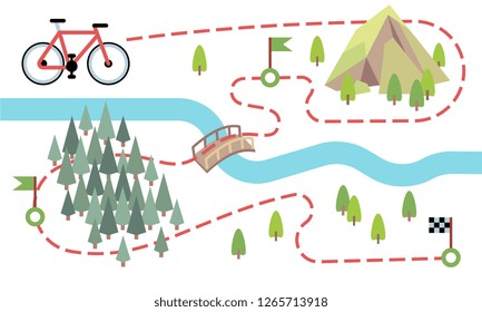 Bike route map. Cycling trip road, country path. Bike adventure tour vector map