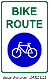 Bike route sign with bicycle lane symbol and text, vector illustration.