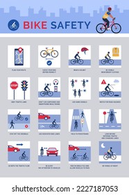 Bike safety equipment and cycling safety tips, infographic with icons and copy space