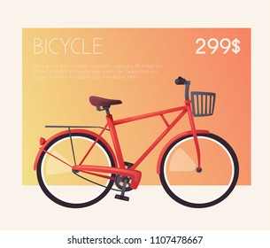 Bike for sale or rent. Bicycle sign for web or print. Cartoon vector illustration