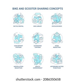Bike and scooter sharing blue concept icons set. Green transportation idea thin line color illustrations. Health improvement. Coin deposit stations. Vector isolated outline drawings. Editable stroke