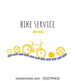 Bike service poster with bicycle chain, bike and chain rings on it. vector flat illustration 