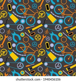 Bike Service Seamless Pattern On Dark Gray Background. Bike Chain, Chain Ring, Screwdriver, Pedal, Link Tool, Master Tool. Vector Flat Illustration 