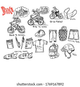 Bike, set of hand drawn doodle icons