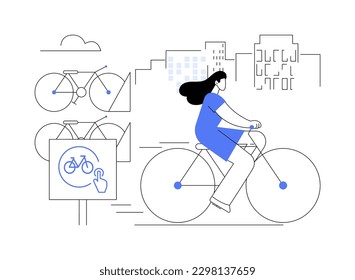 Ilustración vectorial de concepto abstracto de uso compartido de bicicletas. Alquiler de bicicletas públicas, aplicación para compartir bicicletas, transporte urbano verde, reservar un paseo en línea, metáfora abstracta de transporte de ciudades ecológicas.