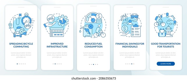 Bike sharing advantages onboarding mobile app page screen. Improved infrastructure walkthrough 5 steps graphic instructions with concepts. UI, UX, GUI vector template with linear color illustrations