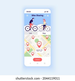 Bike Sharing App Smartphone Interface Vektorvorlage. Mobile App Design-Layout umweltfreundlicher Verkehr. Fahrradplattform-Bildschirm. Flache Benutzeroberfläche für Anwendungen. Telefonanzeige
