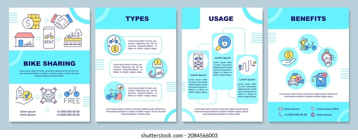 Plantilla de folleto para uso compartido de bicicletas. Categorización y uso. Volante, folleto, folleto impreso, diseño de portada con iconos lineales. Diseños vectoriales para presentación, informes anuales, páginas publicitarias