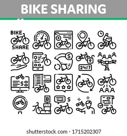 Bike Sharing Business Collection Icons Set Vector. Bike Share Deal And Agreement, Web Site And Phone Application, Helmet And Bicycle Parking Concept Linear Pictograms. Monochrome Contour Illustrations