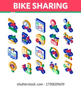 Bike Sharing Business Collection Icons Set Vector. Bike Share Deal And Agreement, Web Site And Phone Application, Helmet And Bicycle Parking Isometric Illustrations