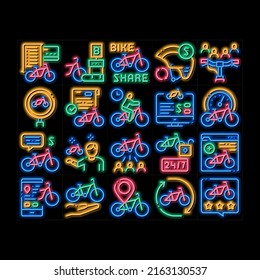 Bike Sharing Business neon light sign vector. Glowing bright icon  Bike Share Deal And Agreement, Web Site And Phone Application, Helmet And Bicycle Parking Illustrations