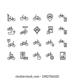 Bike sharing flat line icons set. Urban transportation, rent a bike, bicycle parking, bike rental app, padlock. Simple flat vector illustration for store, web site or mobile app. Editable stroke.