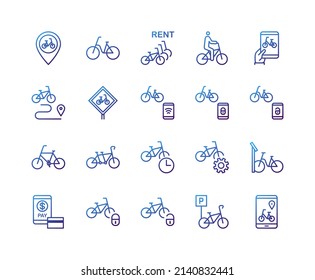 Bike sharing flat line icons set. Urban transportation, rent a bike, bicycle parking, bike rental app, padlock. Simple flat vector illustration for store, web site or mobile app.