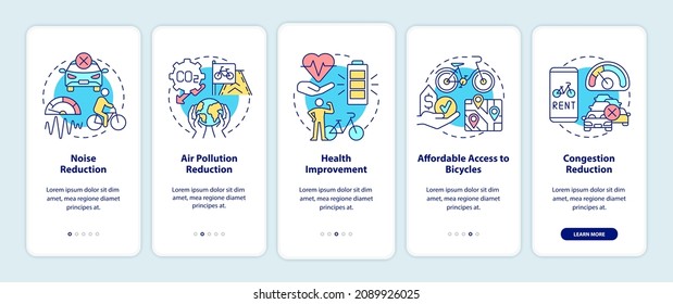 Bike sharing goals onboarding mobile app page screen. Noise reduction walkthrough 5 steps graphic instructions with concepts. UI, UX, GUI vector template with linear color illustrations