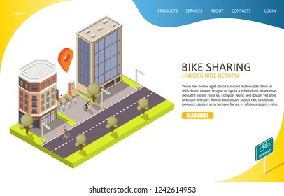 Bike sharing landing page website template. Vector isometric illustration of city street, docking station, bicycles for rent, payment terminal. Bike rental service concept.