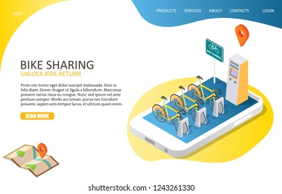 Bike sharing landing page website template. Vector isometric illustration of smartphone with docking station and bicycles for rent, payment terminal. Bike rental app concept.