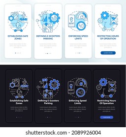 Bike sharing regulations onboarding mobile app page screen. Speed limit walkthrough 4 steps graphic instructions with concepts. UI, UX, GUI vector template with linear night and day mode illustrations