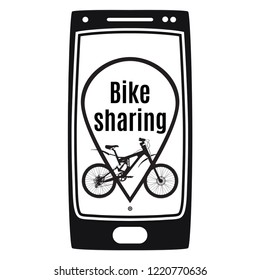 Bike sharing service vector illustration. Smartphone with location pin and bicycle for rent black silhouettes. Bike rental app concept.