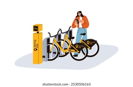 Serviço de compartilhamento de bicicletas. Clientes mulheres que alugam bicicleta online com aplicativo móvel no telefone. Pessoa com smartphone no aluguer de bicicletas, transporte ecológico. Ilustração de vetor plano isolada no plano de fundo branco