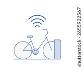 Bike sharing station icon with docking rack and signal — ideal for urban cycling apps, smart mobility platforms, and sustainable transport solutions.