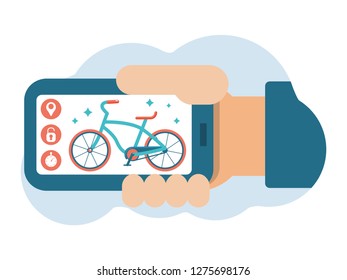 Bike sharing system. Smartphone application. A hand is holding a phone with a picture of a bicycle. Mobile application icons. Flat vector illustration.