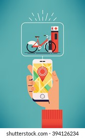 Bike sharing system station near you. Mobile application user locates closest public bicycle rental station on city map. Vector web banner template on bicycle sharing with hand holding mobile device