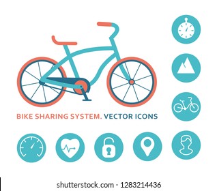 Bike sharing system. Vector icons for mobile application. Bike closeup and set of signs. Flat vector illustration.