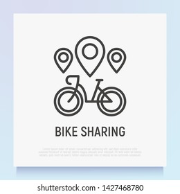 Bike sharing thin line icon: bicycle with pointers. Logo for rental service. Modern vector illustration.