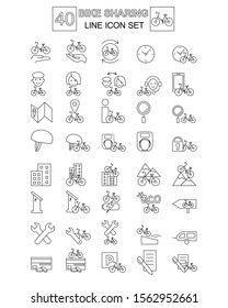 Bike sharing thin line icons set: users, customers, urban and mountain bicycle, trailer, padlock, helmet, child seat, rental, app, cycling route, repair and search magnifier charging and parking