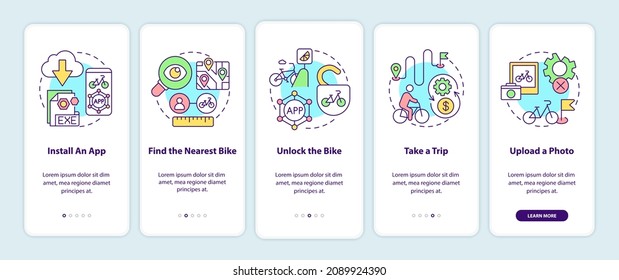 Bike sharing usage onboarding mobile app page screen. Installing app and taking trip walkthrough 5 steps graphic instructions with concepts. UI, UX, GUI vector template with linear color illustrations