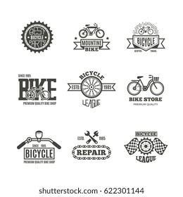 Bike shop, bicycle, biking vintage vector labels, logo, badges and emblems