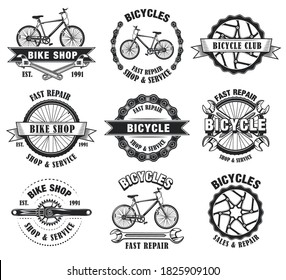 Bike shop emblems set. Monochrome labels templates with bicycles, wheels and wrenches. Vector illustrations collection with text for bike repair service concept