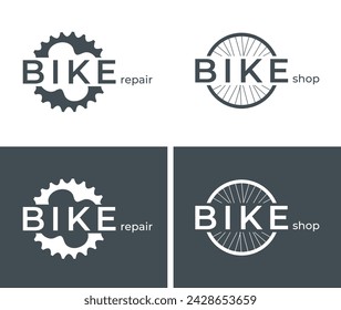 Logotipo de taller de bicicletas y reparación de bicicletas. Logo de la tienda de bicicletas. Venta de bicicletas. Repuestos para reparación y mantenimiento de bicicletas, logo de taller. Banner publicitario. Ilustración vectorial de color plano. Aislado