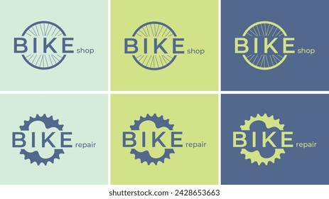 Logotipo de taller de bicicletas y reparación de bicicletas. Logo de la tienda de bicicletas. Venta de bicicletas. Repuestos para reparación y mantenimiento de bicicletas, logo de taller. Banner publicitario. Ilustración vectorial de color plano. Aislado