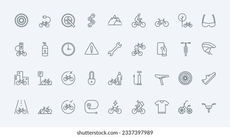 Bike shop, repair service and rent thin line icons set vector illustration. Linear pictograms of cyclists gears and electric or mountain bike elements, mobile tracker for bicycle sharing and rental